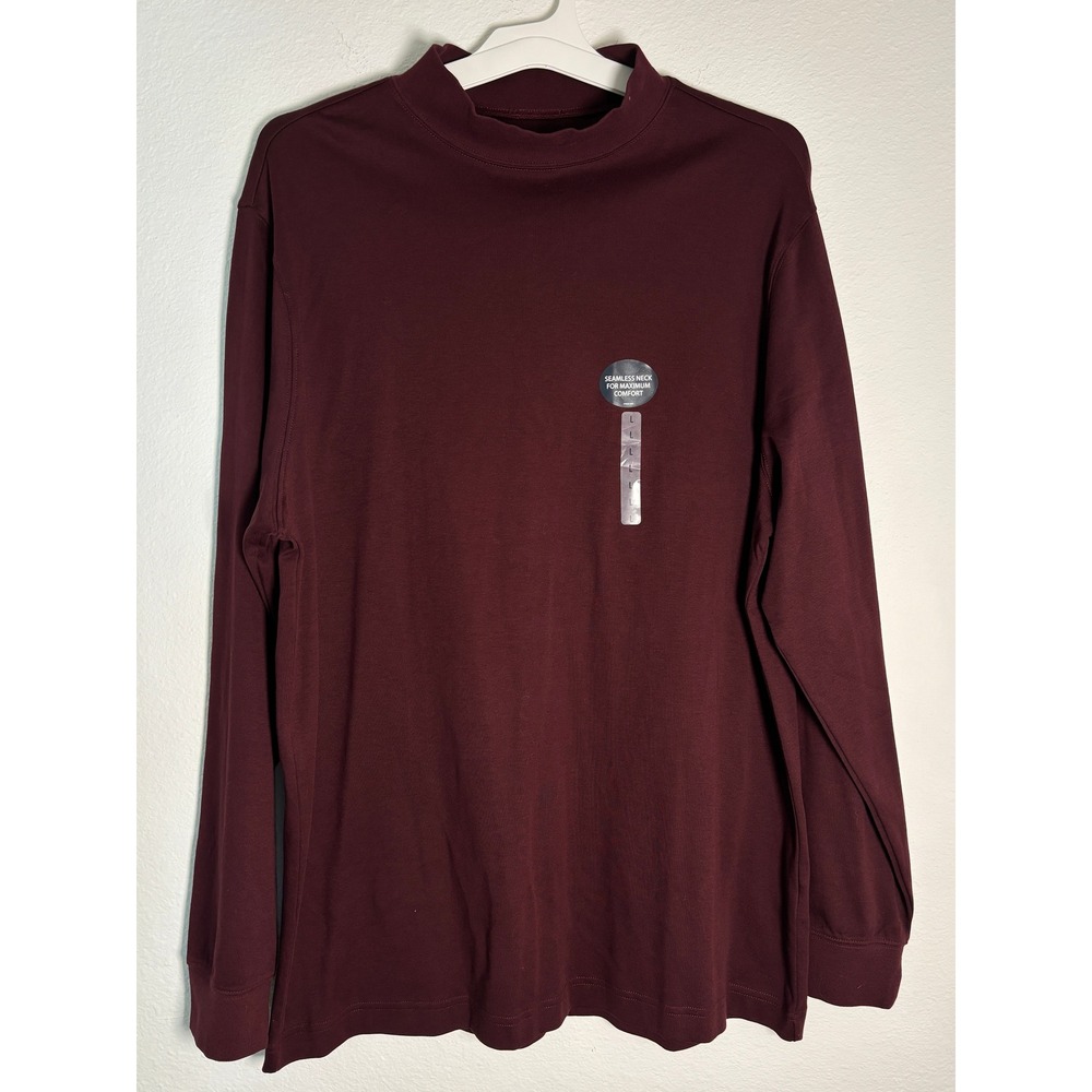 Roundtree & Yorke Mens Large Burgundy Mock Neck Long Sleeve Cotton T-Shirt L